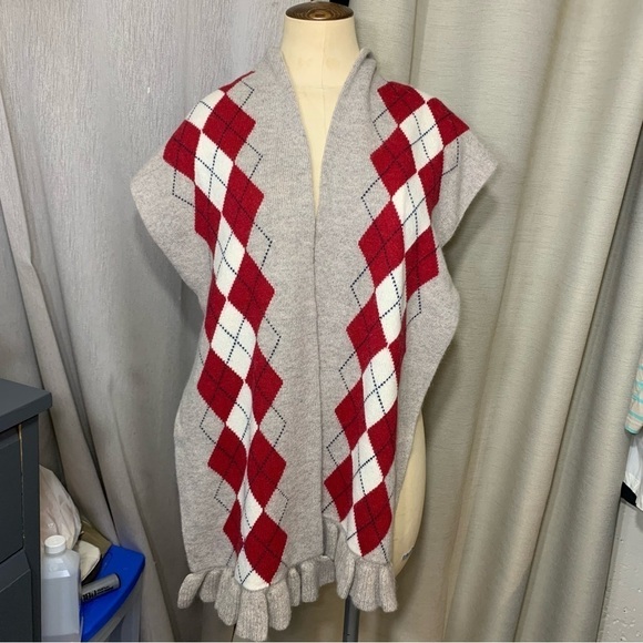 Tommy Hilfiger Knit Scarf Wrap O/S Tan red Scottish Plaid Wool Blend Ruffle Hem - Picture 8 of 13